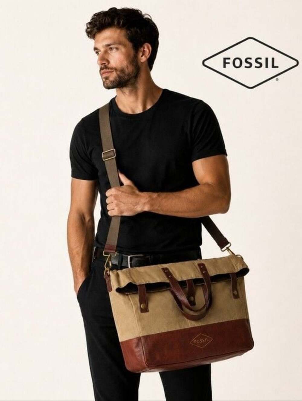 Vintage Rare Fossil Gordon Canvas/Leather Versitale Handle Tote Handbag Large